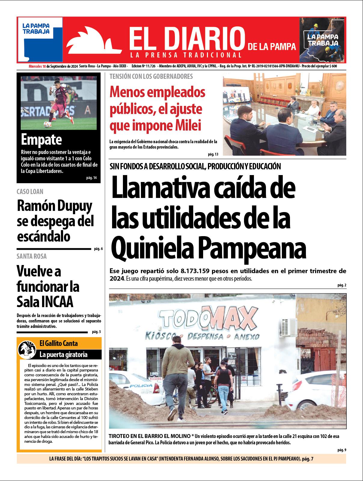 Tapa de El Diario en papel  mieacutercoles 18 de septiembre de 2024